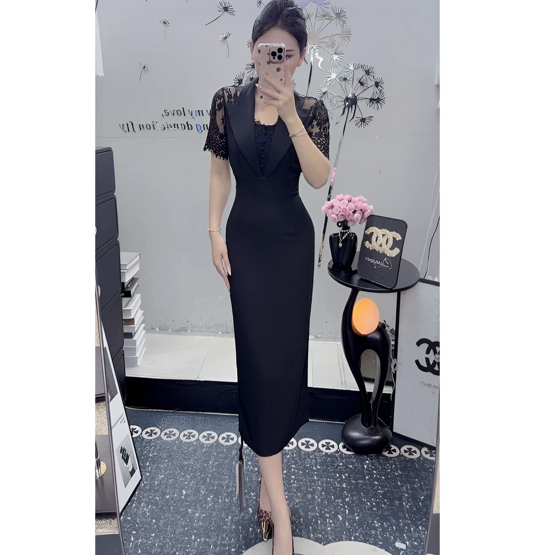 2025春夏新款时尚显瘦气质优雅高档女士蕾丝连衣裙百搭款法式裙子