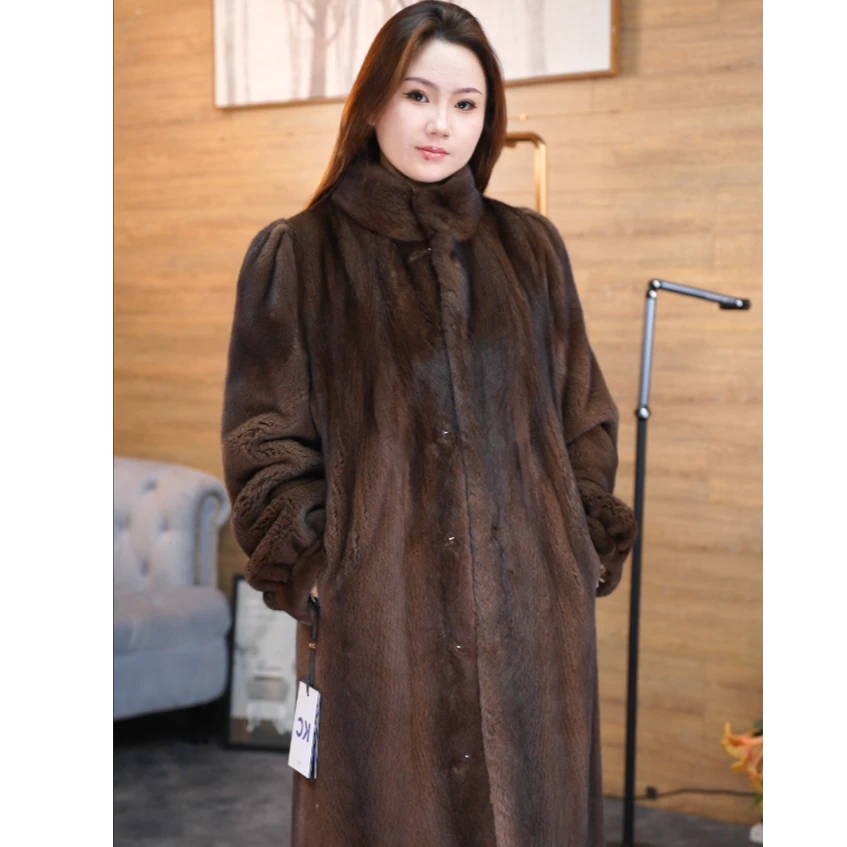长款女咖啡色进口水貂大衣