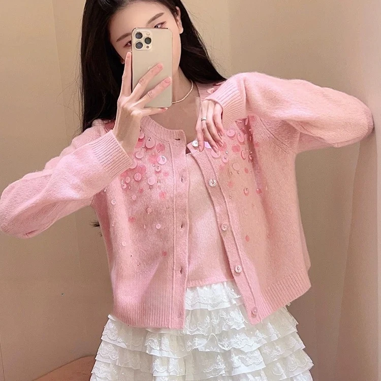 miu亮片针织衫2025春季新款名媛欧若风内搭吊带叠穿法式气质上衣