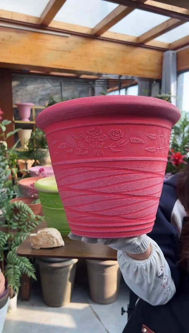 30*24.5/MC30/暖红色刻纹/浮雕花盆外贸尾单