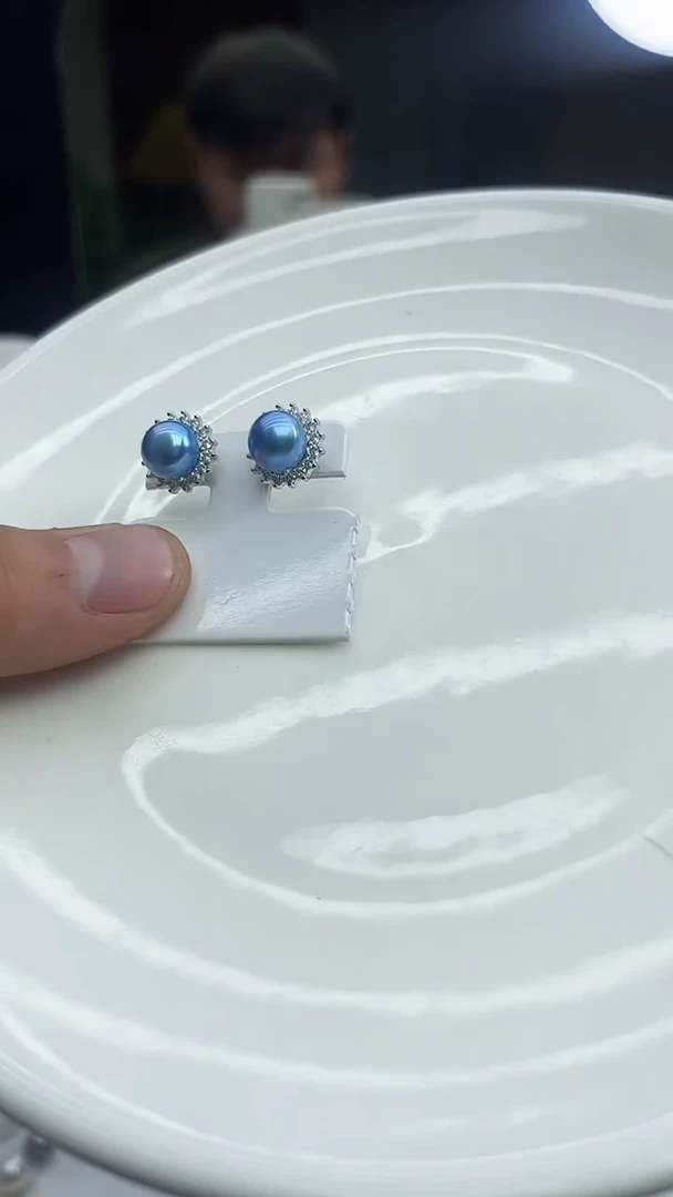 未镶嵌耳饰淡水珍珠蓝色系耳钉设计款8mm