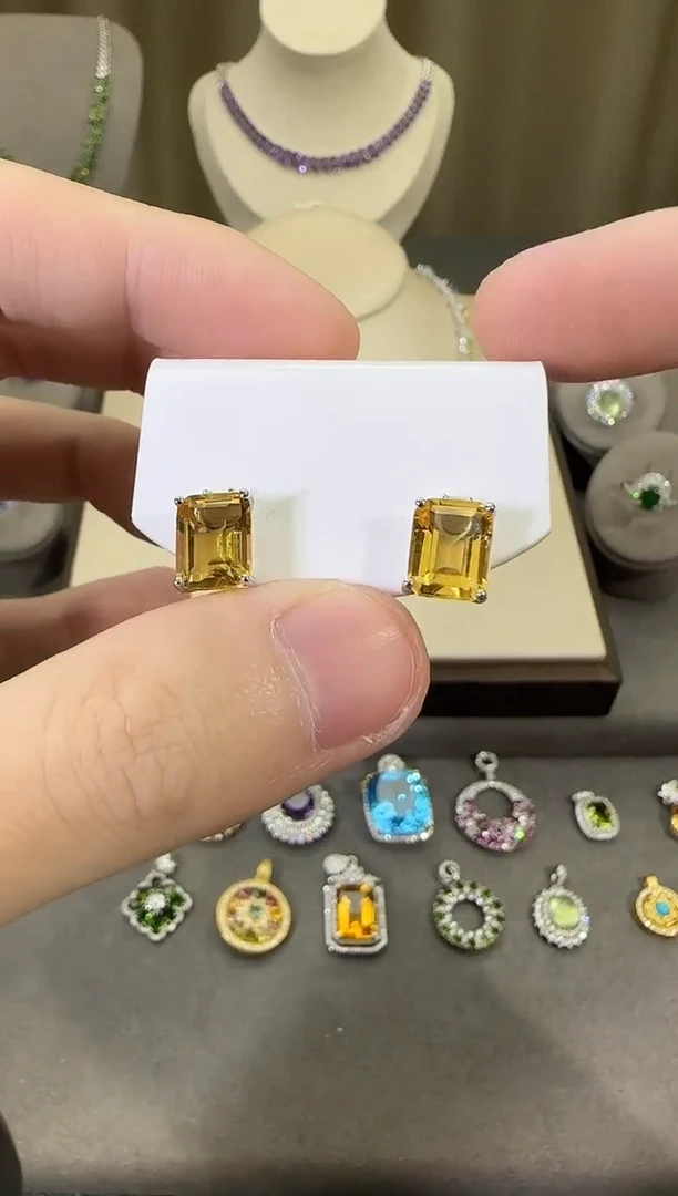 银S925镶嵌耳饰黄晶10*8mm耳钉简约款