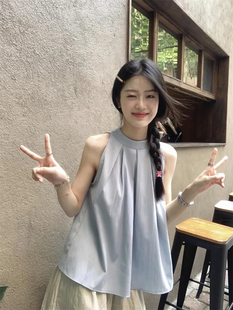 编号对应衣服 夏季独特别致蓝色挂脖复古褶皱宽松无袖背心
