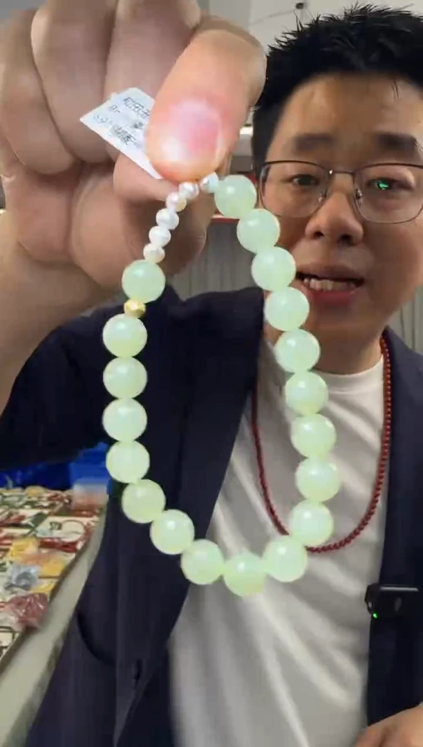 【闪购商品】和田玉手串银S925镶嵌和田玉晴水圆珠约8mm手串