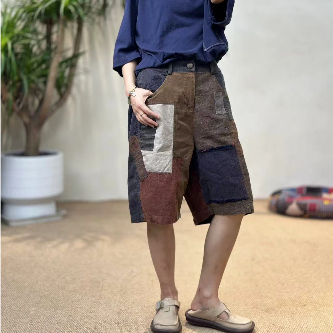 忆古朴拙241206松紧做旧休闲裤夏季民族风多拼复古休闲中裤短裤