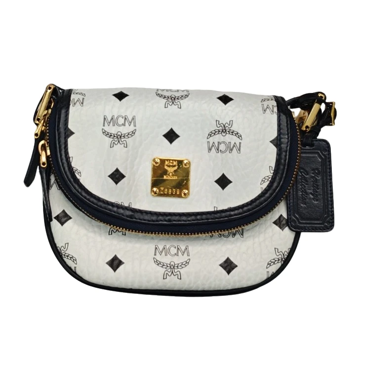95新 MCM 【诗诗】 MCM 翻盖马鞍包 白黑拼色 皮革 马鞍包