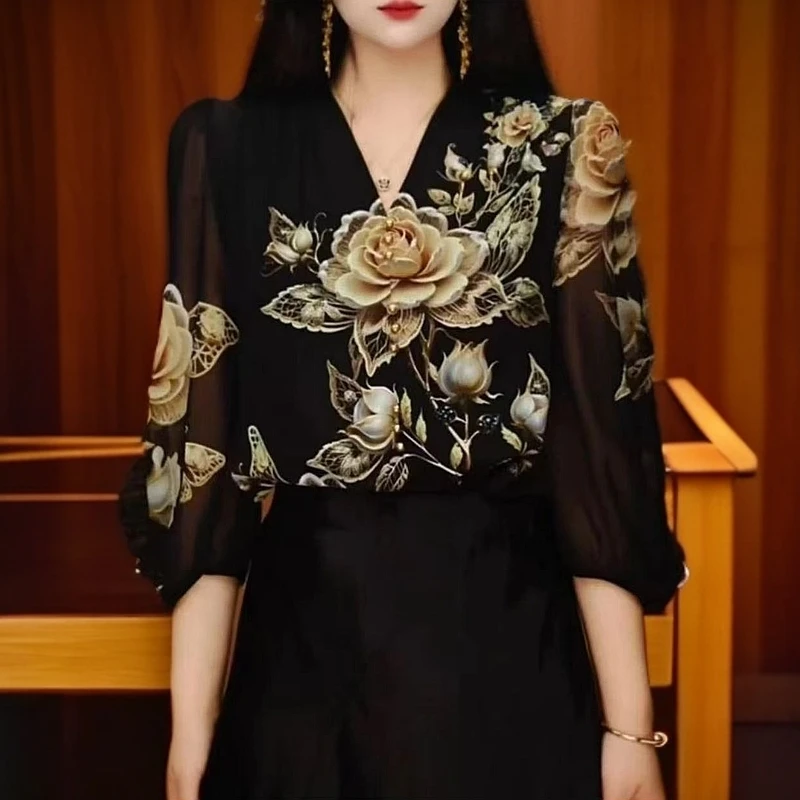 七分袖V领显瘦小衫新款高端定位花印花设计师气质百搭女衬衣2160