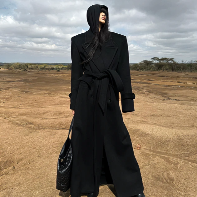 【0122stepll】经典大衣重工阔版垫肩毛呢外套黑色大衣KKW23XM2275