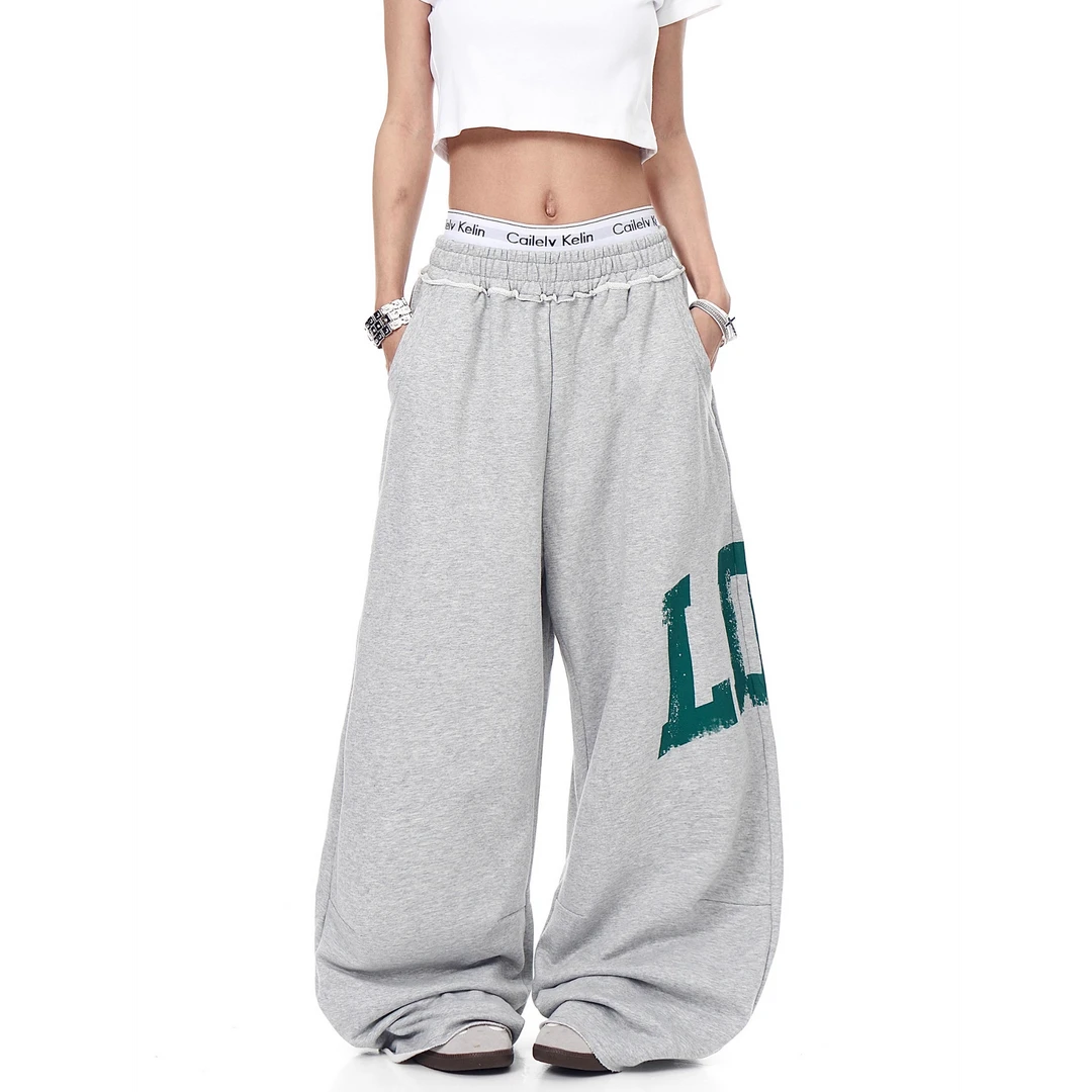 美式复古Jennie同款字母印花运动卫裤女宽松阔腿长裤