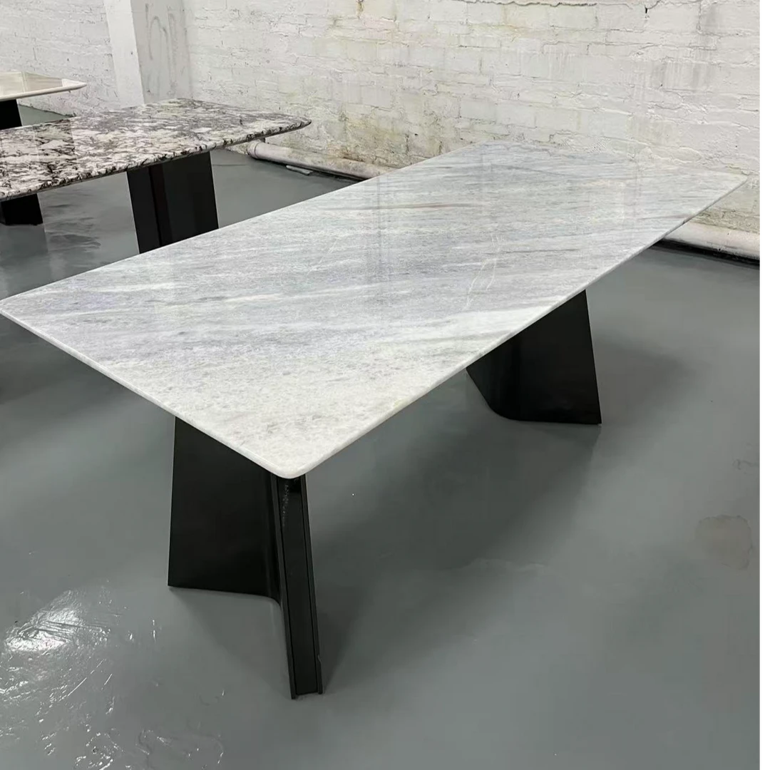 奢石餐桌巴西蓝水晶搭配不锈钢支架高端奢石餐桌奢石方桌家用饭桌