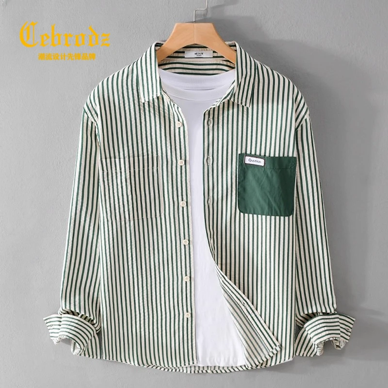 法国Cebrodz条纹衬衫长袖男日系衬衫秋季男士休闲泡泡纱衬衣潮