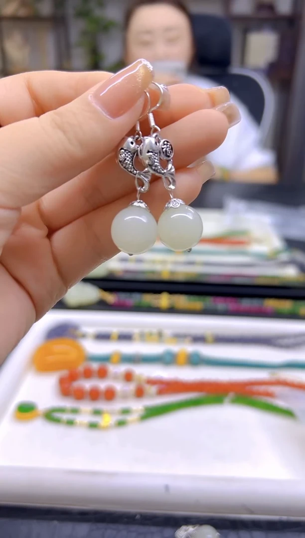 和田玉（白玉）银S925镶嵌耳饰DIY款E783