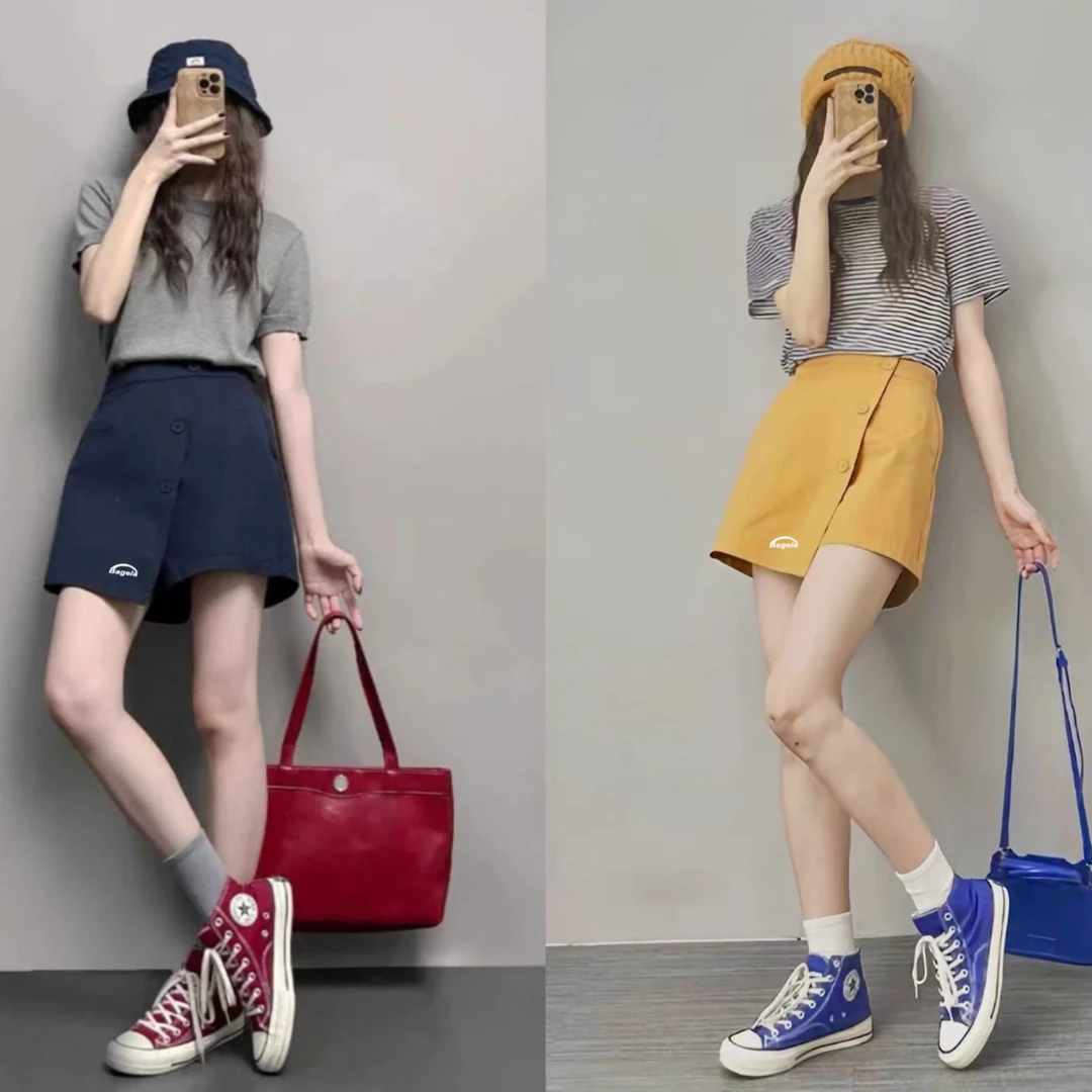 2025年夏季新款韩版薄款三颗扣不规则设计慵懒休闲A字半身裤裙