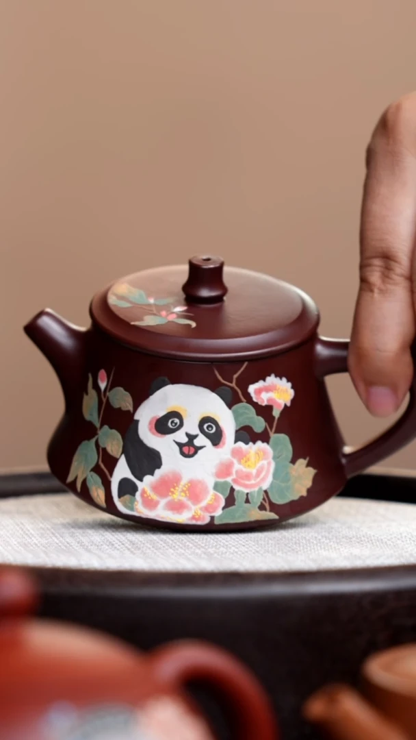 茶壶紫砂紫脂泥柱础泥绘熊猫005