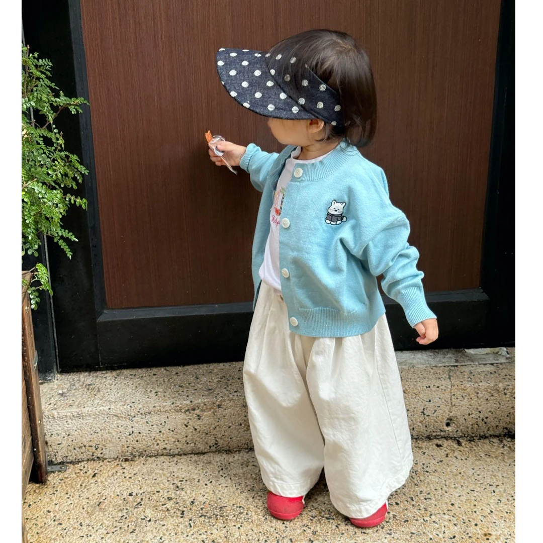 甜小七女童2025秋季新款韩版休闲可爱卡通针织开衫纯色阔腿裤套装