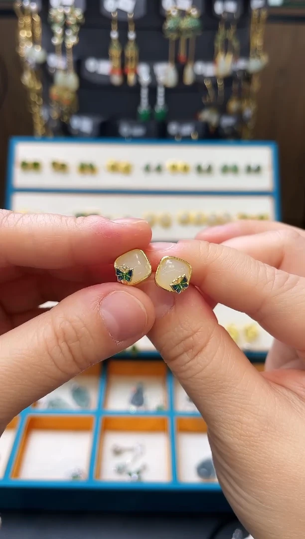 【闪购商品】和田玉（糖玉）耳饰银S925镀金镶嵌耳饰