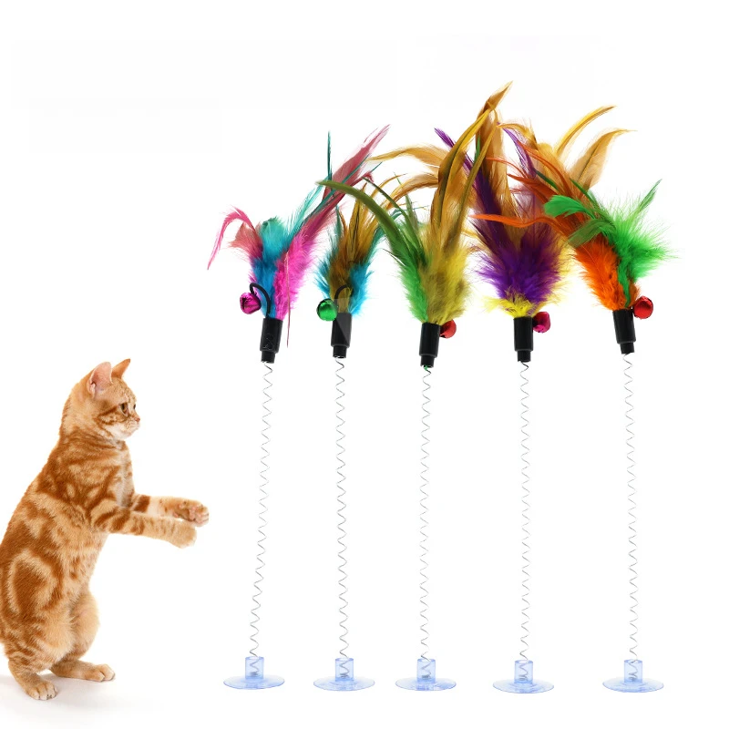 新款猫玩具吸盘弹簧逗猫棒吸盘羽毛铃铛吸附式猫玩具成幼猫咪玩具