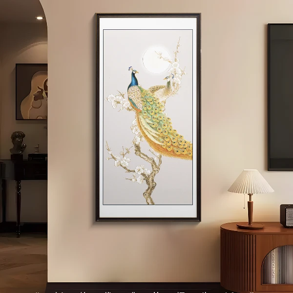 新中式《富贵吉祥》新中式竖版孔雀皮革烫金玄关装饰画孔雀60120