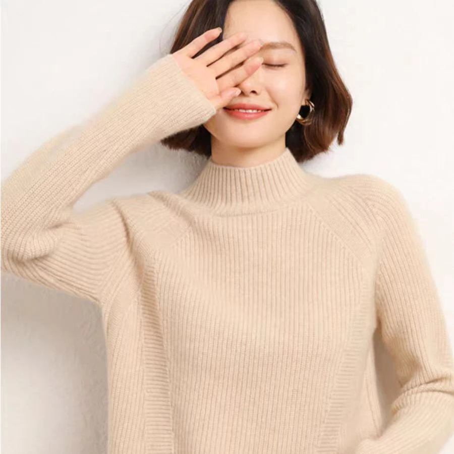 【年末甩货】三股加厚女士半高领100%纯羊毛宽松套头针织打底衫