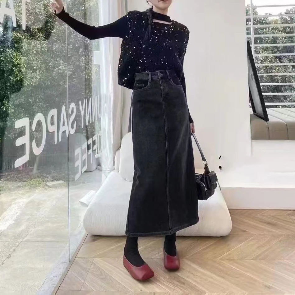 【恩佳专享】A023-107春季新款开叉牛仔裙高腰显瘦A字中长裙