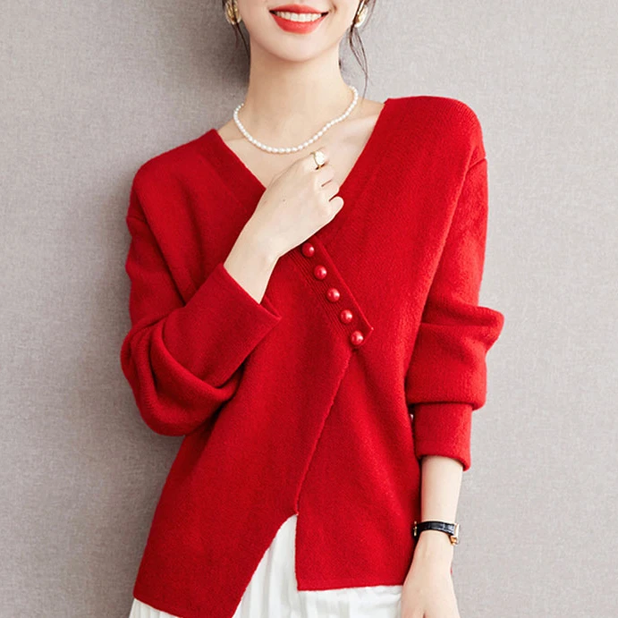 职业阿玛诗官哥家专柜2025春秋新款时尚V领开叉不规则羊毛针织衫