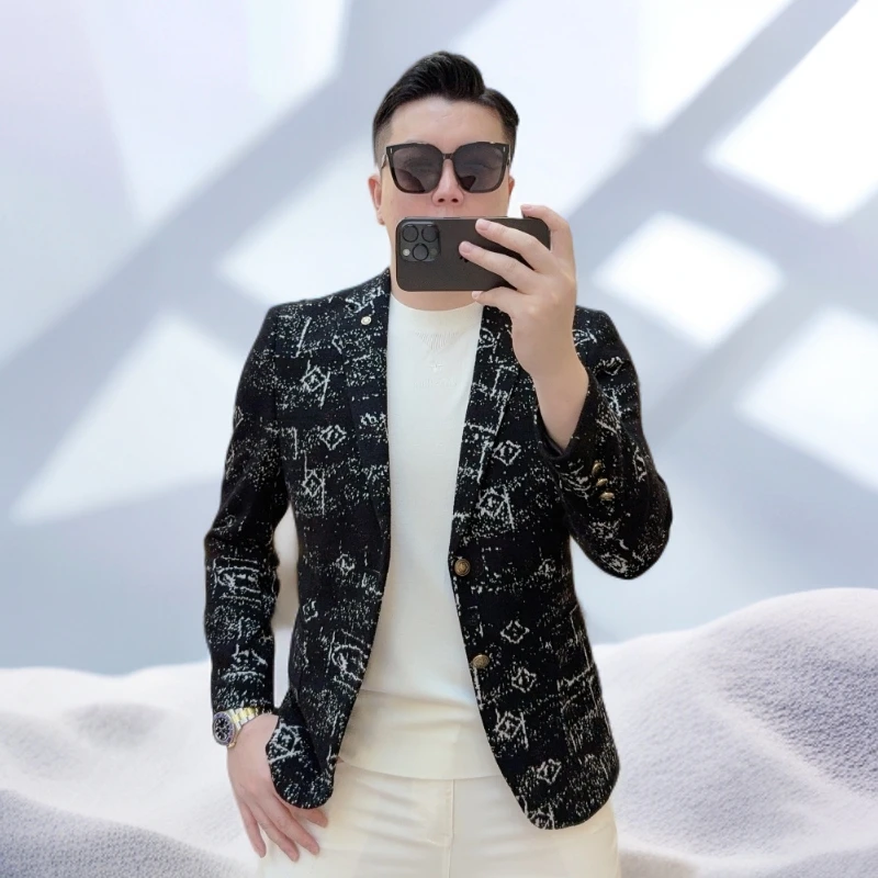 宾斯洛特新款男士帅气西服外套时尚潮流个性设计字母羊毛西装便西