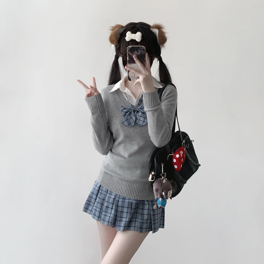 刺小兔原创jk收腰套头灰色毛衣正版日系制服学院风修身针织衫套装