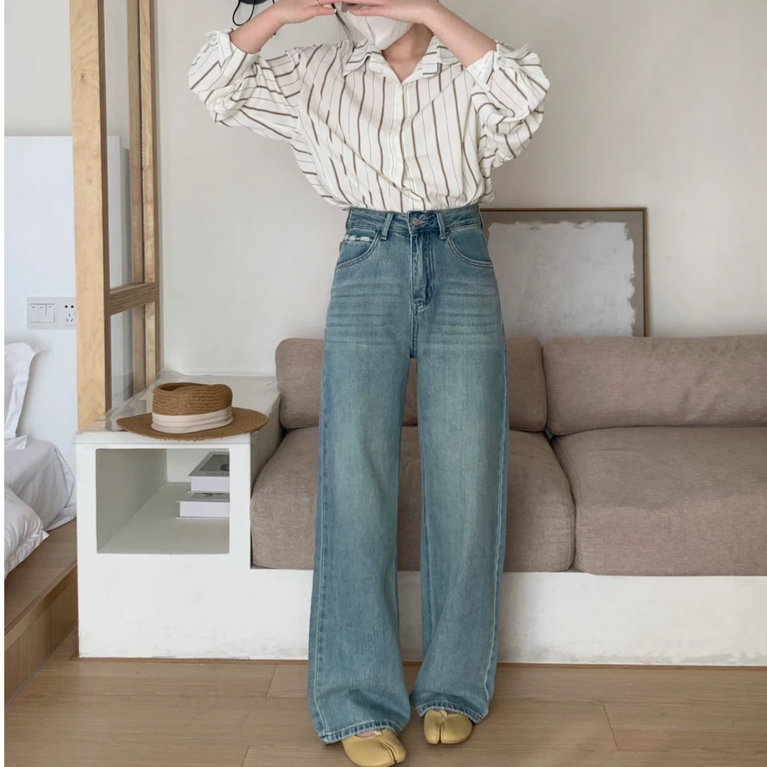 春季韩款高腰垂感显瘦牛仔直筒阔腿裤H2823