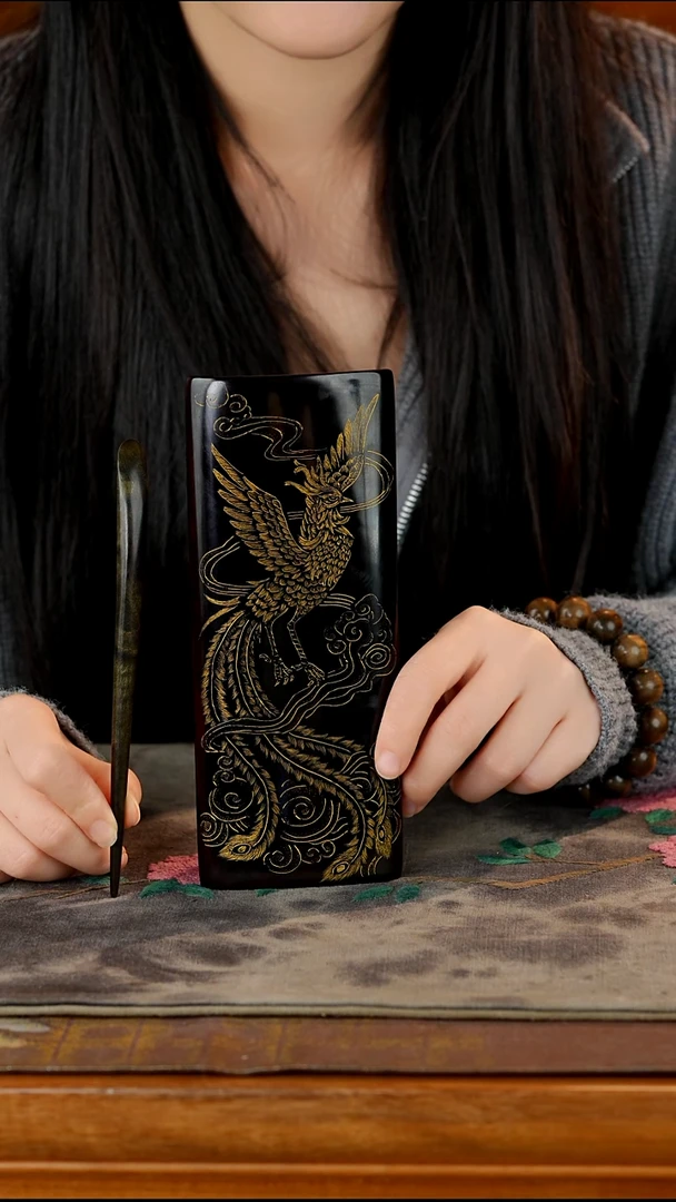 古沉金丝楠手工绘画戗金茶则凤凰