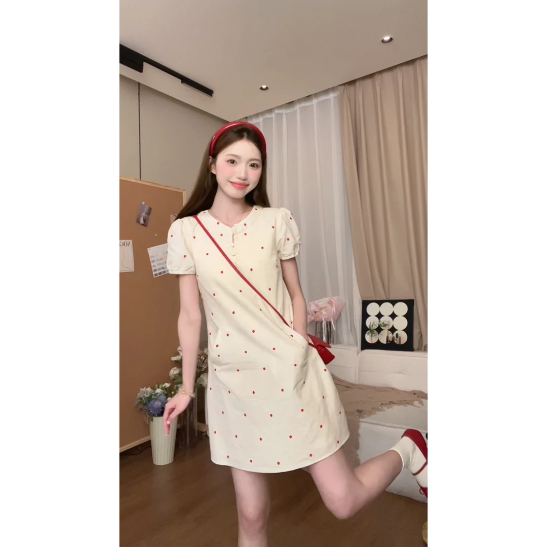 法式小立领波点短袖连衣裙女夏季新款高计感气质修身百搭A字短裙