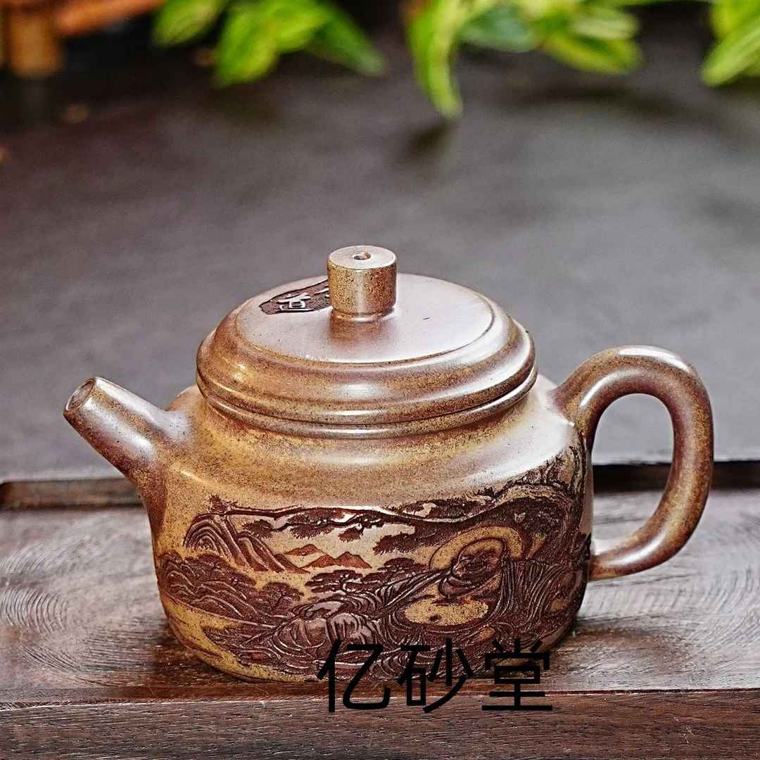 【3051茶道德中】宜兴原矿紫砂手工刻绘佛陀紫砂壶