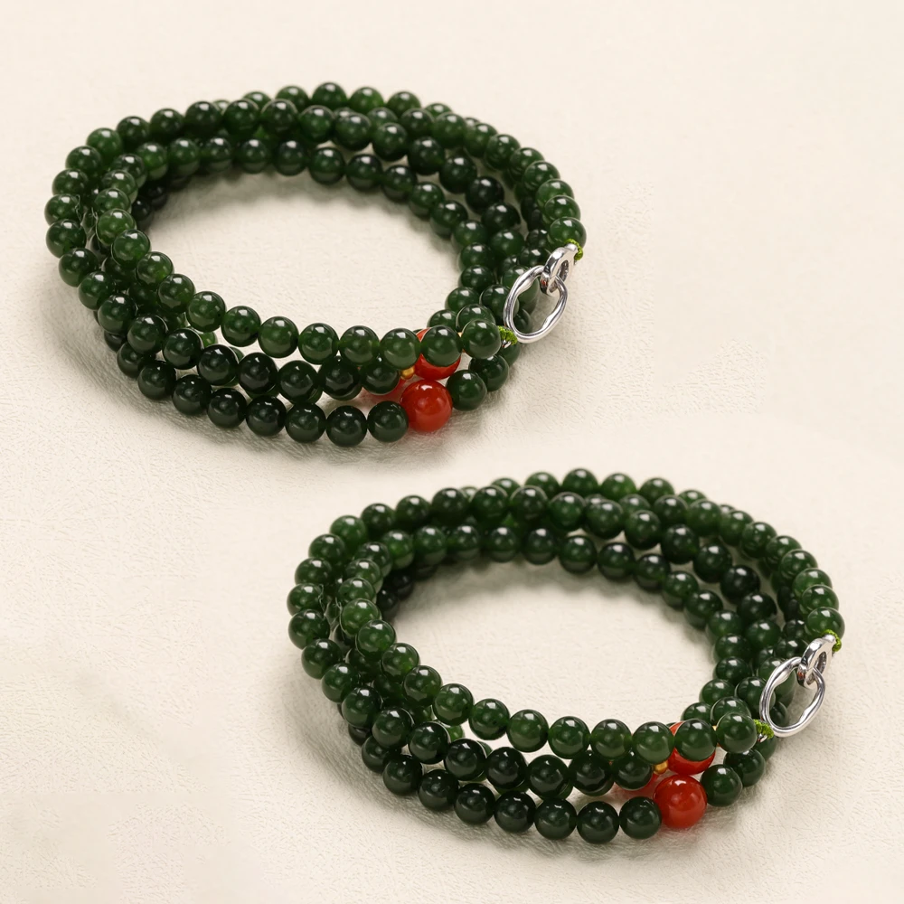 【叭哒不惑】多样性发一S925银6mm菠莱绿碧玉+7.5mm南红项链 长80cm