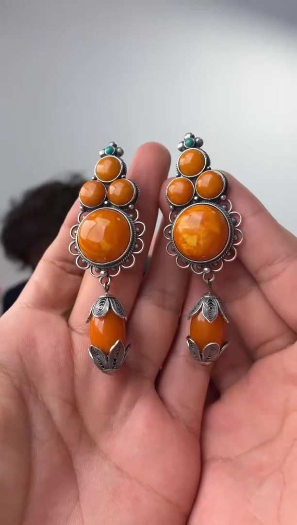 蜜蜡银S925镶嵌耳坠噶玛珠宝 银S925