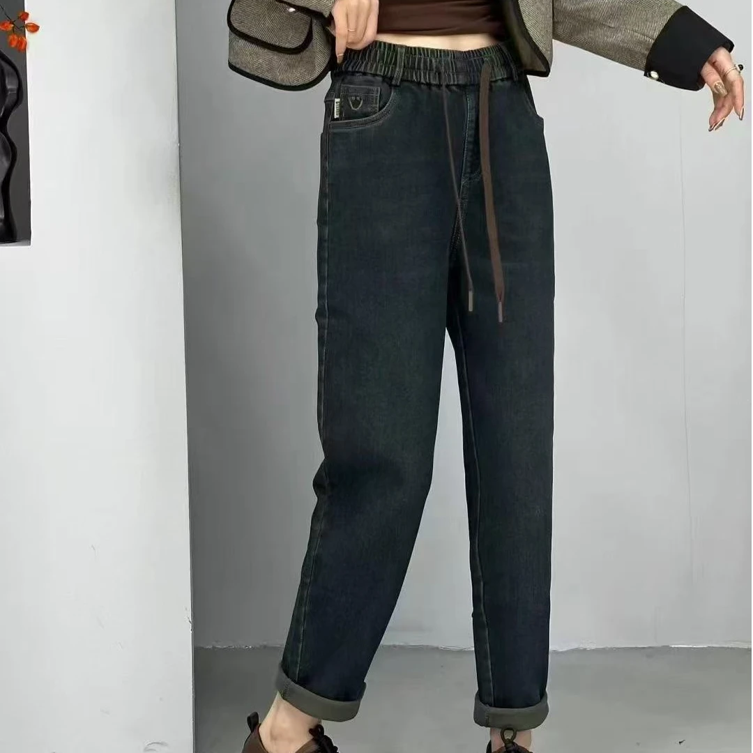 靓衣坊 拉毛松紧腰牛仔哈伦裤深蓝色显瘦