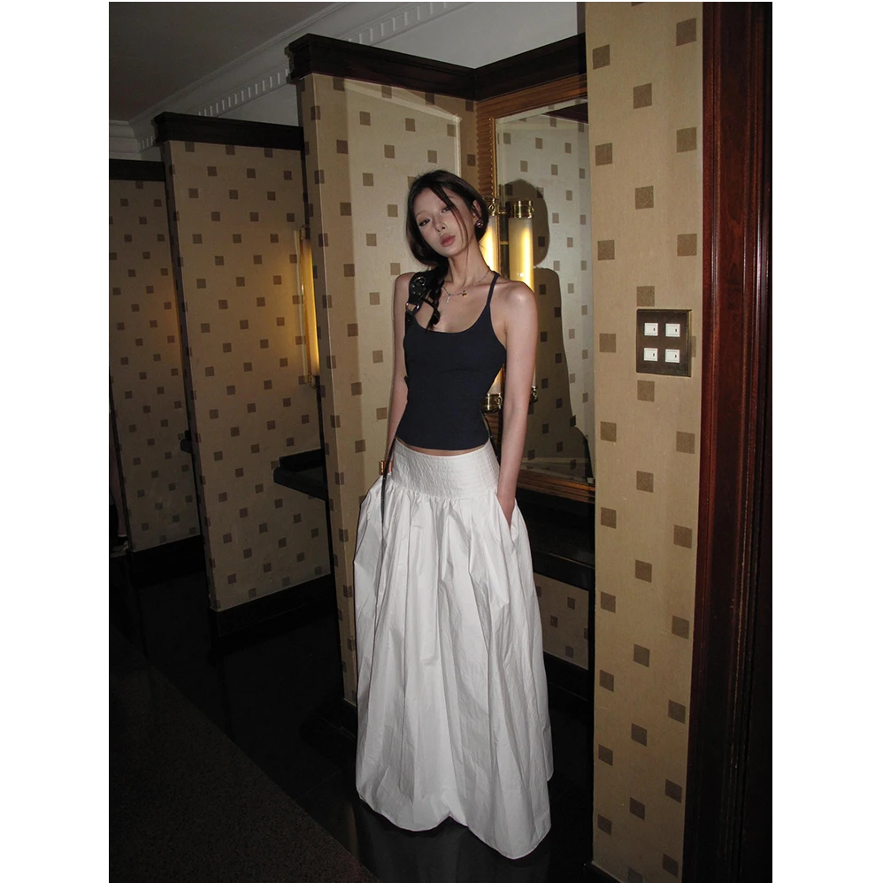 法式宽腰绗线碎褶半身裙女夏季新款时尚百搭高腰显瘦休闲长裙