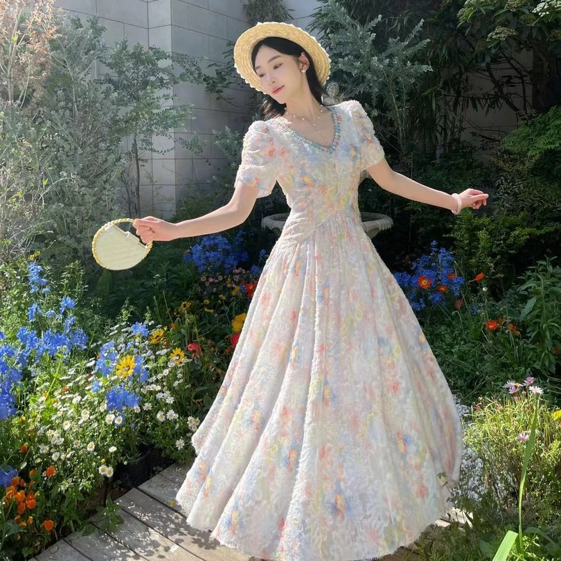 夏装长裙收腰新款高级夏季短袖法式气质绑带长款小众连衣裙裙子