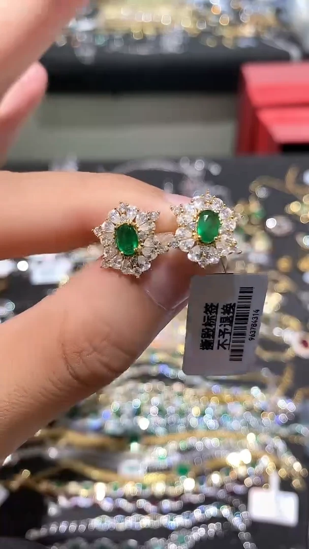 耳饰银S925镀金镶嵌祖母绿耳钉