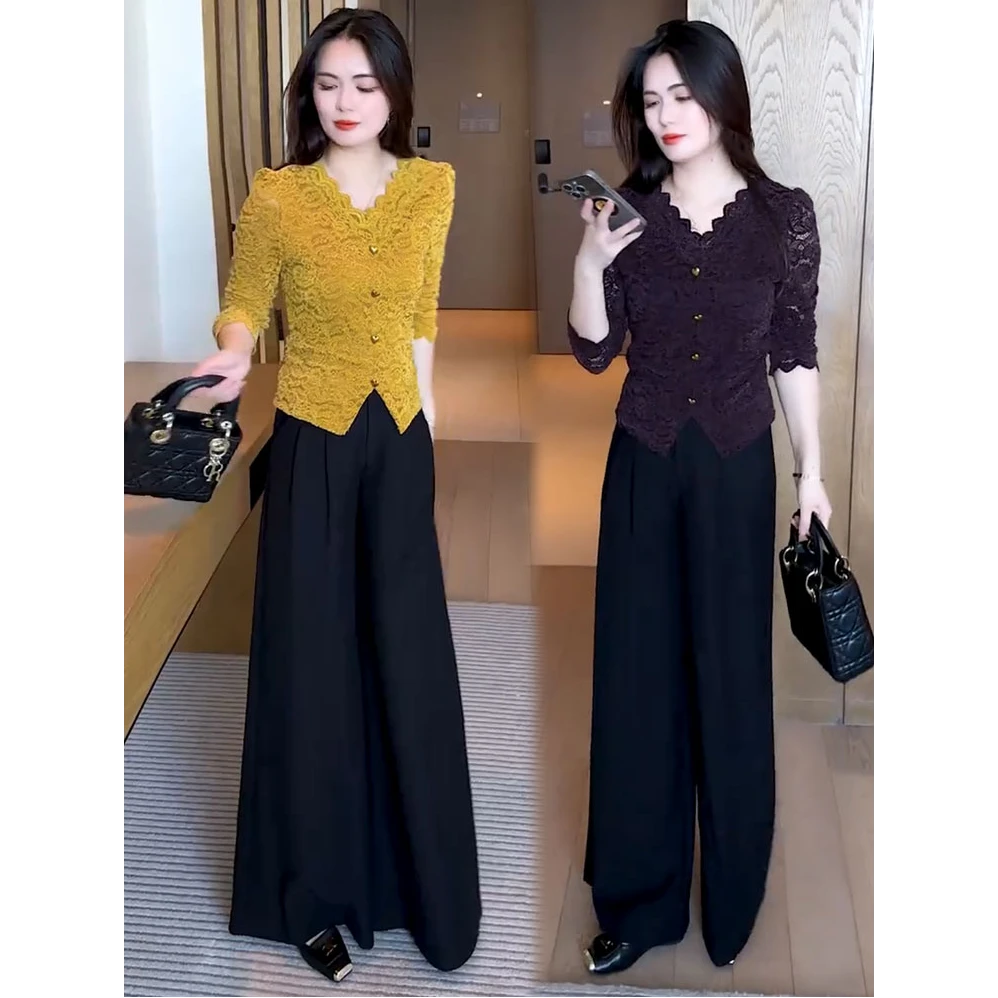 时尚套装女2025秋季新款时髦洋气长袖打底蕾丝衫阔腿裤气质两件套