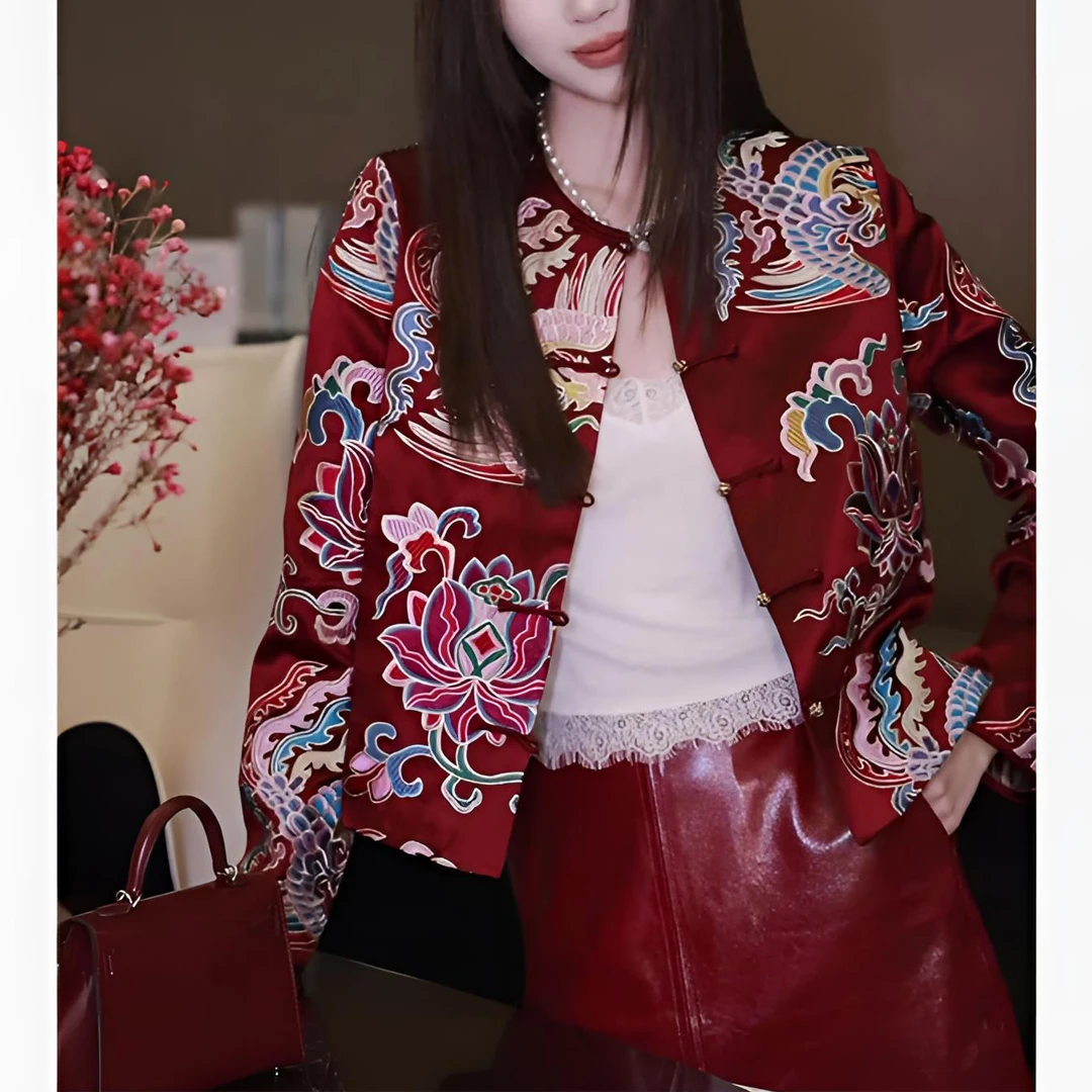 新中式红色重工刺绣外套女春季2025年新款高级感好看国风唐装上衣