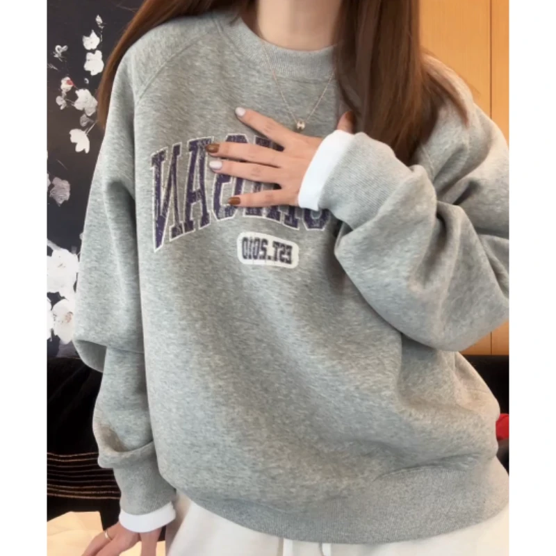 秋冬新款女款长袖百搭宽松加绒圆领印花卫衣LK2508142