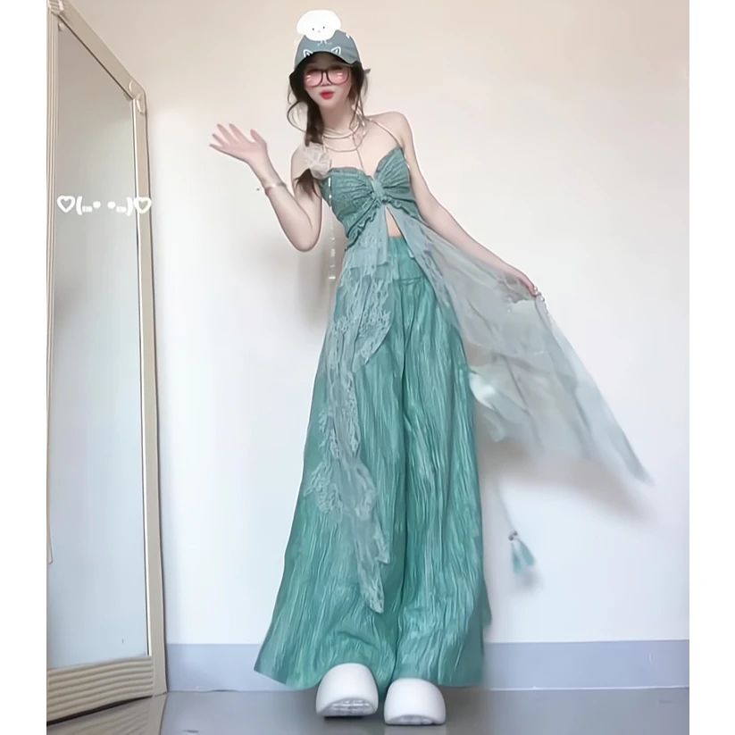 海边度假风夏日穿搭女不规则蕾丝拼接吊带长款上衣高腰阔腿裤套装