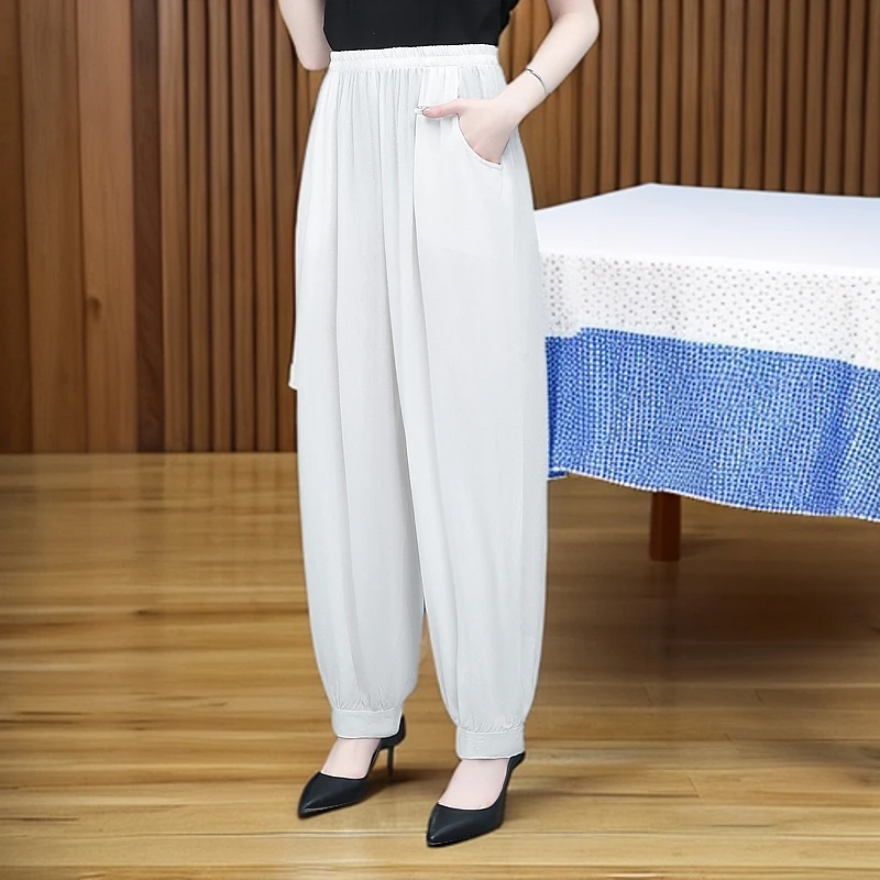 中老年棉绸女裤夏季薄款高腰宽松大码休闲裤妈妈装显瘦长裤灯笼裤