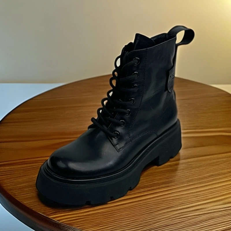 胎牛皮切尔西短靴女2024秋冬新款松糕厚底圆头小个子英伦风马丁靴