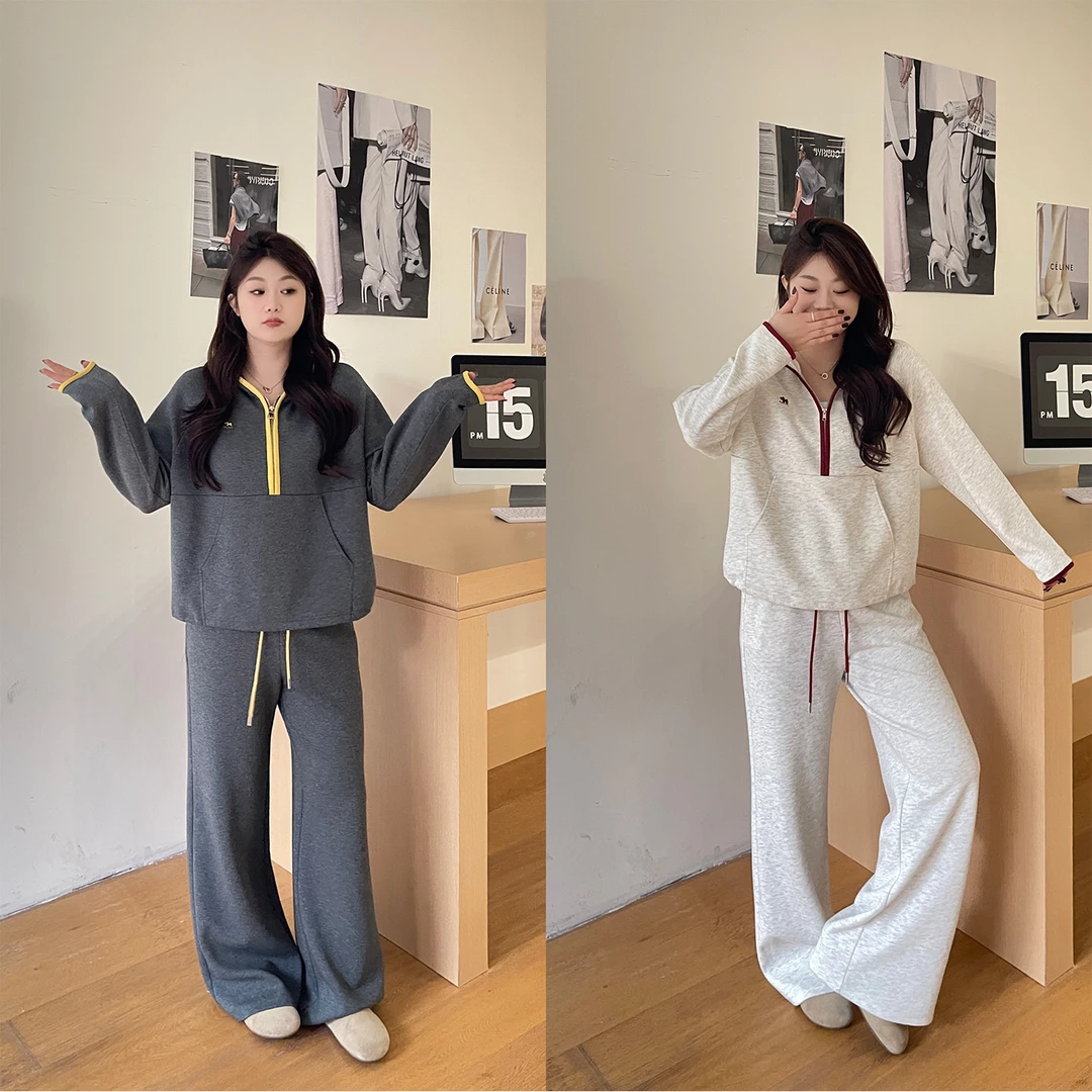 裂渡宣宣【自在通勤】微胖大码女撞色针织卫衣+休闲裤套装ZY507A74