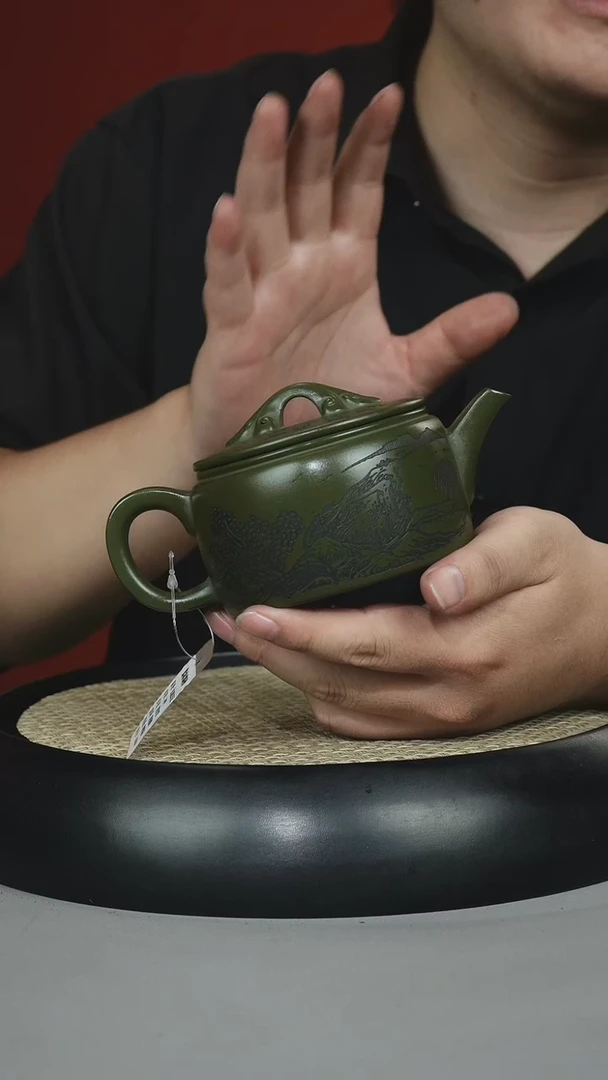 茶壶紫砂绿泥 汉瓦 刻绘山水