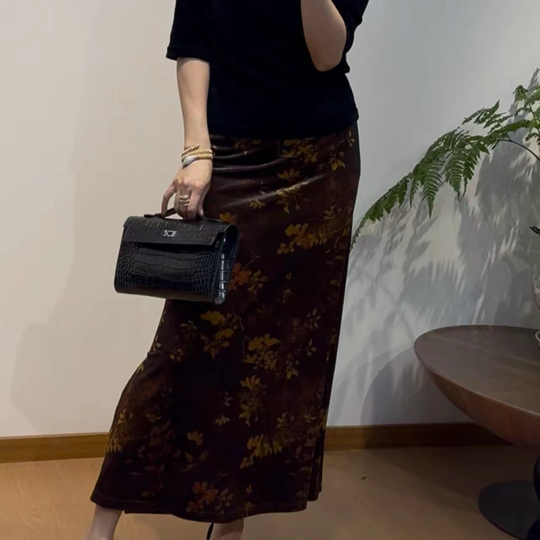 TANTAN 气质百搭复古印花中长款秋季丝绒半身裙2809