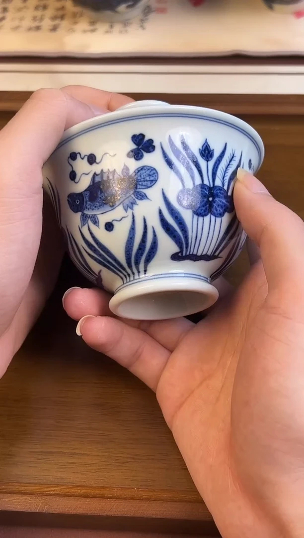 问青坊纯手工手绘青花鱼藻柴窑二才盖碗
