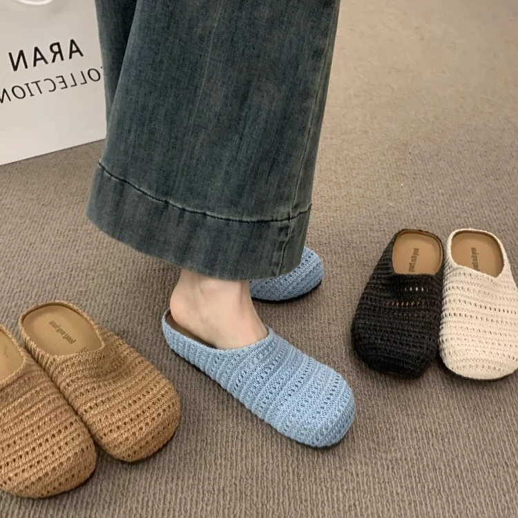 啄木鸟法式手工编织镂空透气包头半拖鞋女夏外穿罗马风厚底穆勒鞋