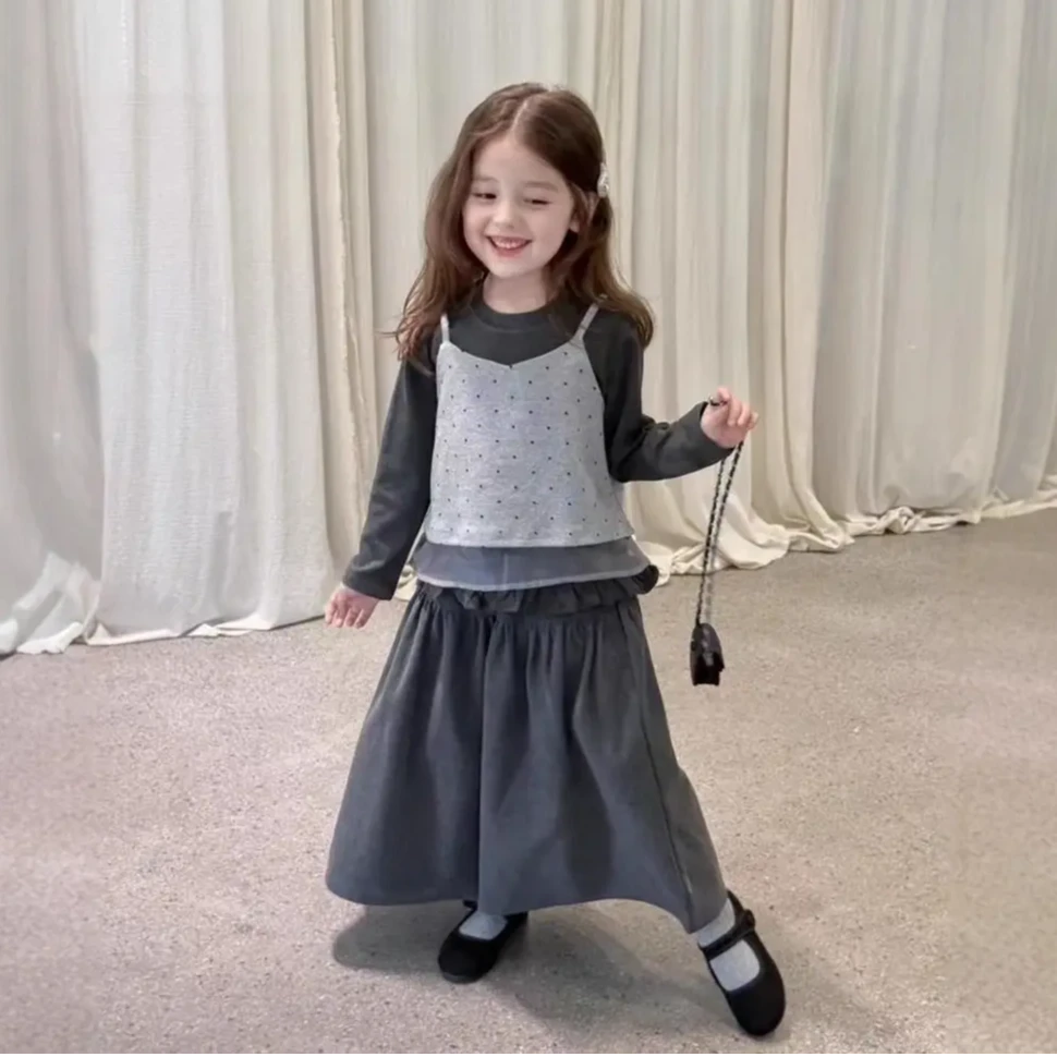 女童2025秋季新款长袖荷叶边上衣时尚波点吊带阔腿裤韩版休闲套装