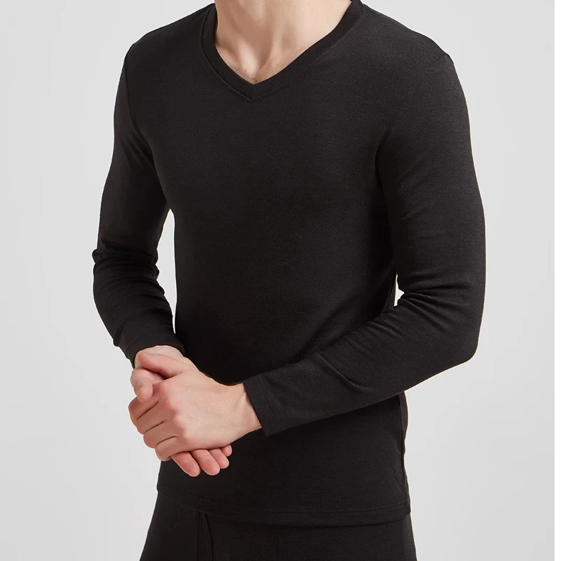 1499黑色男士V领套装保暖内穿秋衣秋裤简约时尚修身长袖秋冬
